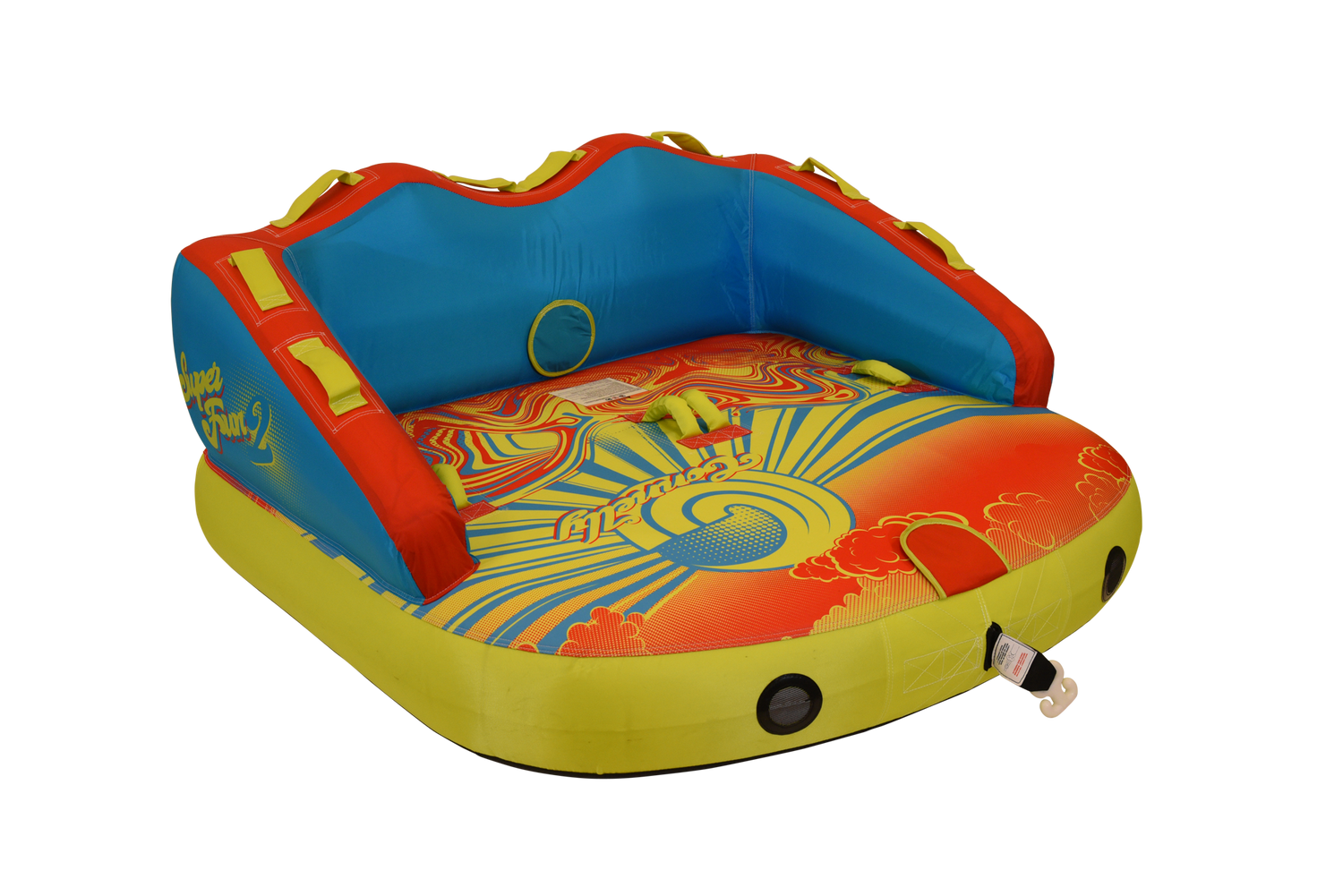 Angled front view of the Super Fun 2 tube, showing grab handles and rope attachment.
