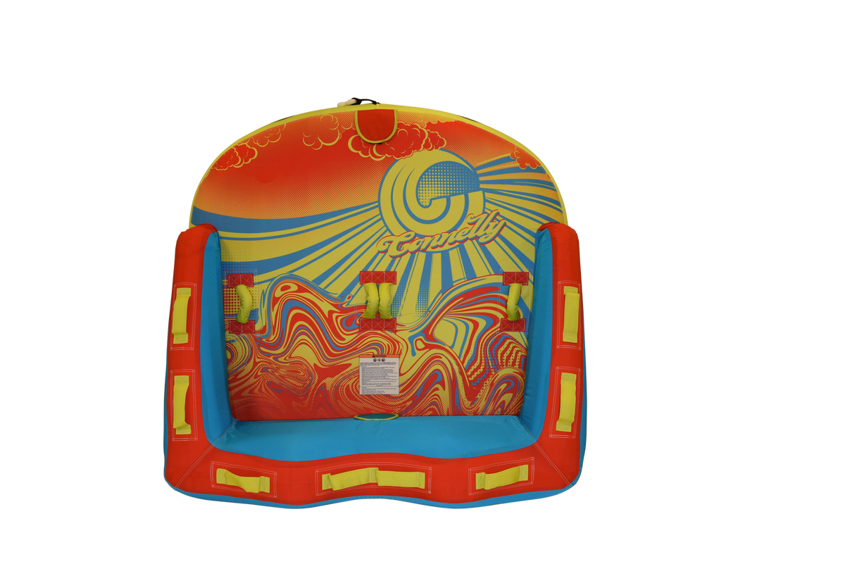 Top view of the Super Fun 2 tube with a red, yellow, and blue abstract sun and sky design.