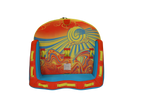 Top view of the Super Fun 2 tube with a red, yellow, and blue abstract sun and sky design.