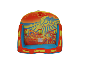 Top view of the Super Fun 2 tube with a red, yellow, and blue abstract sun and sky design.