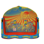Top view of the Super Fun 3 tube with a red, yellow, and blue abstract sun and sky design.