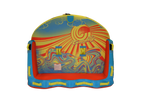 Top view of the Super Fun 3 tube with a red, yellow, and blue abstract sun and sky design.