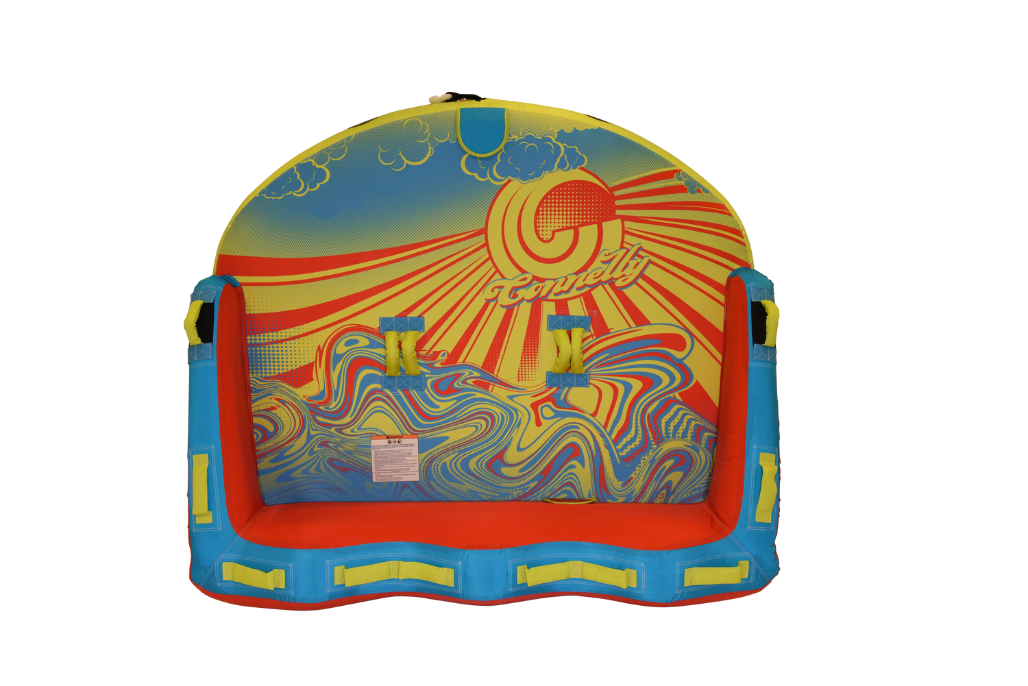 Top view of the Super Fun 3 tube with a red, yellow, and blue abstract sun and sky design.