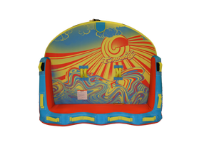 Top view of the Super Fun 3 tube with a red, yellow, and blue abstract sun and sky design.