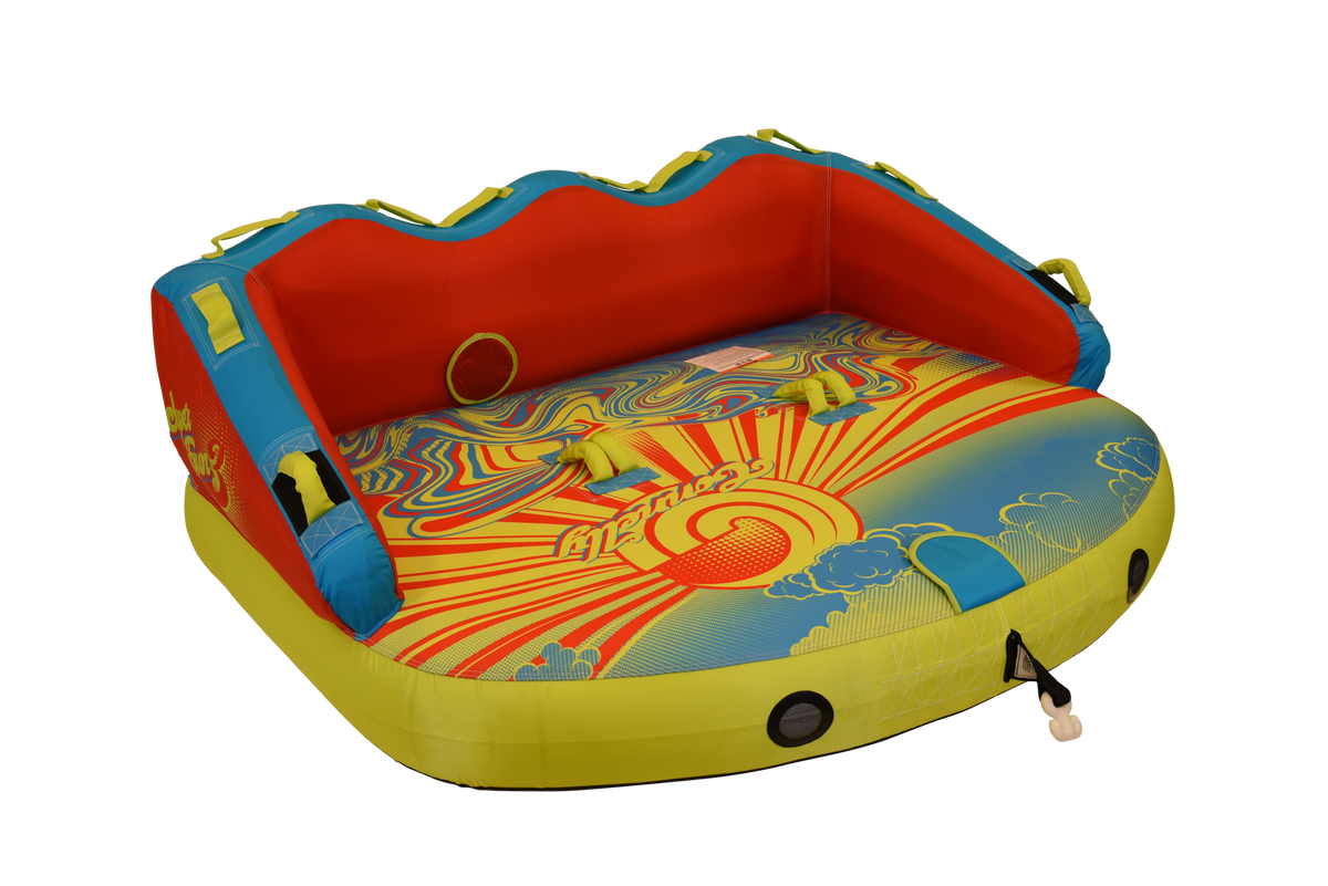 Front angle view of the Super Fun 3 tube, showing rope attachment and grab handles.