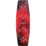 Top view of the 2024 Standard wakeboard, showcasing a red geometric pattern with white lines and branding.