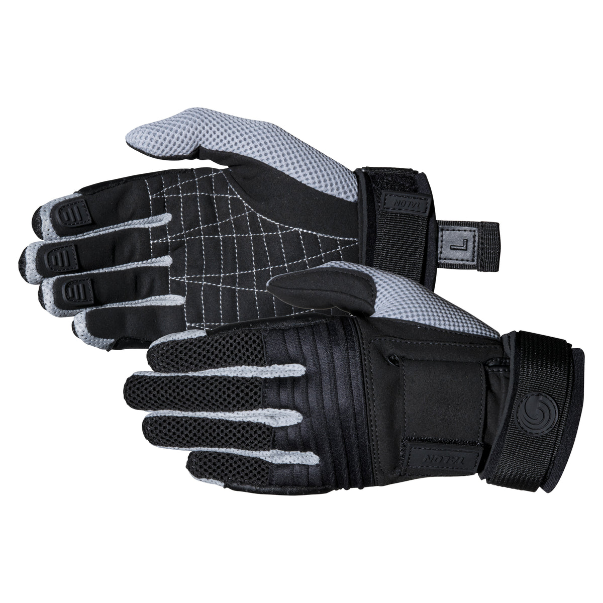 Pair of Men's Talon Gloves in black and gray, highlighting grip texture, reinforced fingers, and straps.