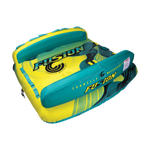 Angled rear view of the Fusion 3 towable tube with a yellow and teal design, dual backrests, and multiple grab handles.