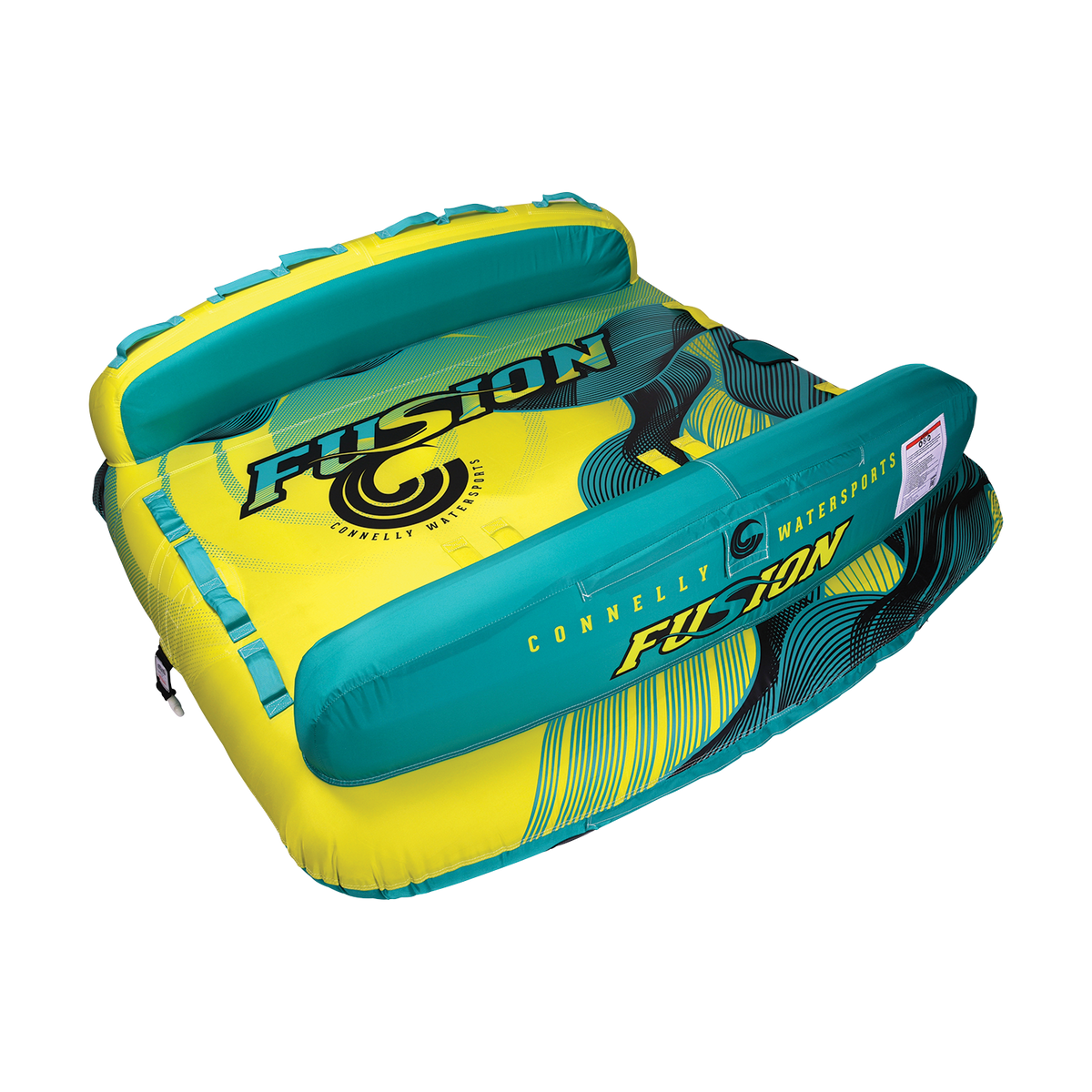 Angled rear view of the Fusion 3 towable tube with a yellow and teal design, dual backrests, and multiple grab handles.