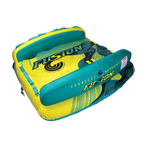 Angled rear view of the Fusion 3 towable tube with a yellow and teal design, dual backrests, and multiple grab handles.