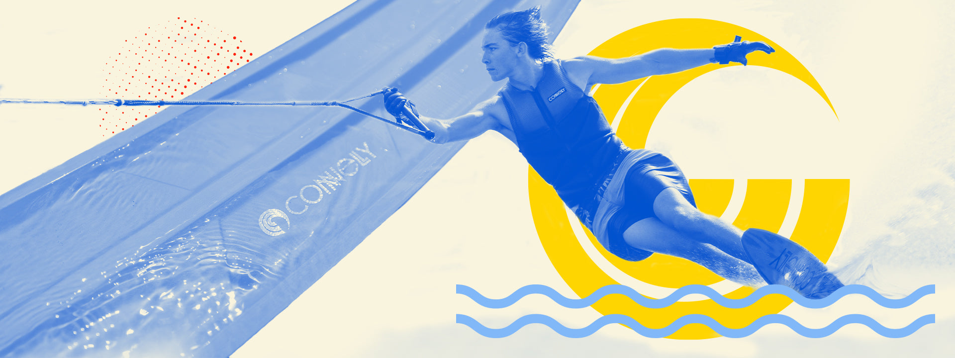 Person waterskiing with dynamic motion, featuring blue and yellow graphic elements.