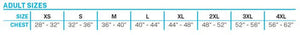 Chart displaying adult sizes for the Women's Fusion Nylon, with chest measurements for XS (28"-32") through 4XL (56"-62").