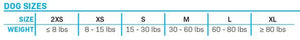Dog size chart for vests: 2XS (≤8 lbs), XS (8-15 lbs), S (15-30 lbs), M (30-60 lbs), L (60-80 lbs), XL (≥80 lbs).