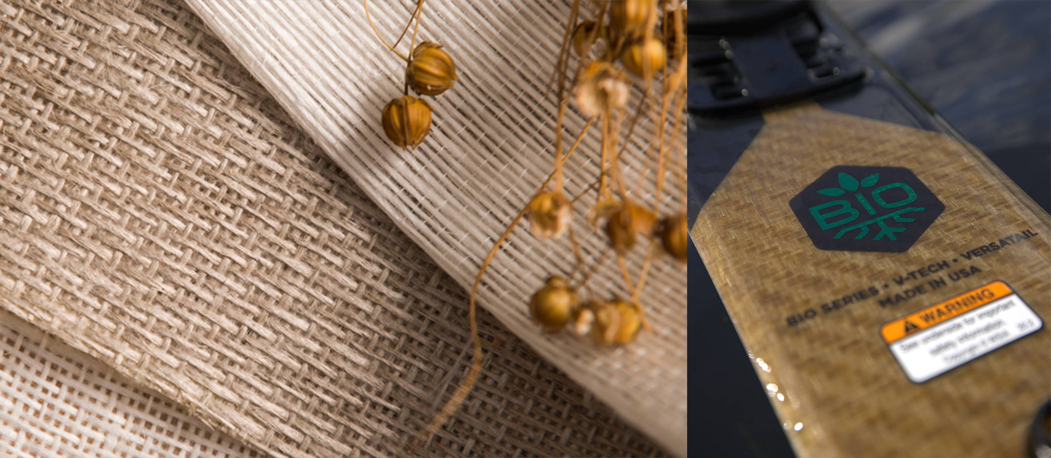 Close-up of woven fabrics and a BIO labeled skateboard deck with a warning sticker.