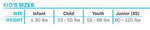 Junior Retro Nylon size chart listing weight ranges for Infant, Child, Youth, and Junior (XS).