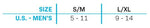 Size chart for the 2024 Shadow Rear binding, displaying U.S. men’s sizes ranging from S/M (5-11) to L/XL (9-14).