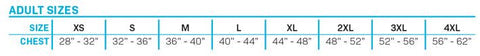 Size chart for Men's Tunnel Nylon life vest showing adult chest size ranges from XS to 4XL.