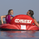 Back of the Racer 2 tube showing the red inflatable backrest with the logo, black bottom edge, and tow rope attachment.