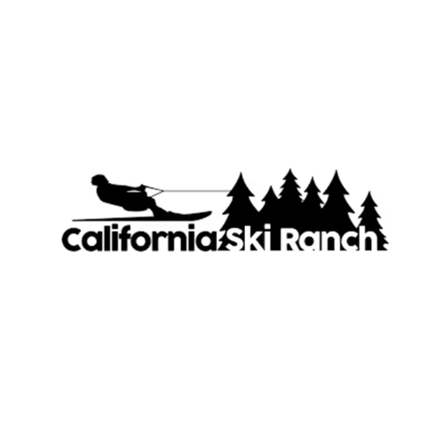 Silhouette of a waterskier with California Ski Ranch text and tree outlines.