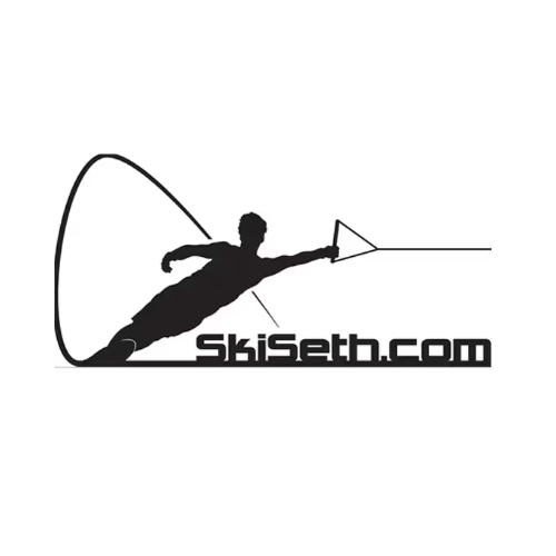 Silhouette of a person water skiing with SkiSeth.com text.