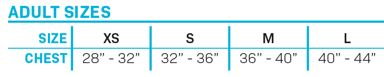 Chart displaying adult sizes for the Women's Tunnel Nylon, with chest measurements for XS (28"-32") through L (40"-44").