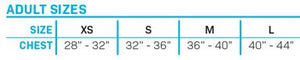 Chart displaying adult sizes for the Women's Tunnel Nylon, with chest measurements for XS (28"-32") through L (40"-44").