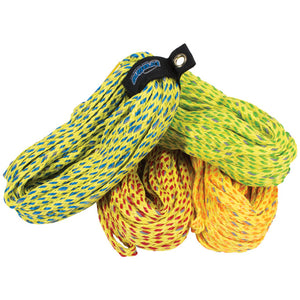 60' 2-rider safety tube rope with neoprene strand for buoyancy, reflective tape for visibility, and a rope keeper for easy storage.