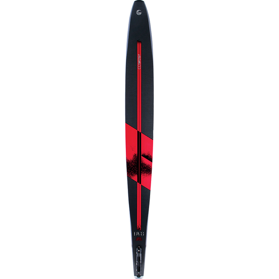 Top view of the 2021 DV8 waterski featuring a black and red design with a sleek, narrow profile for high performance.