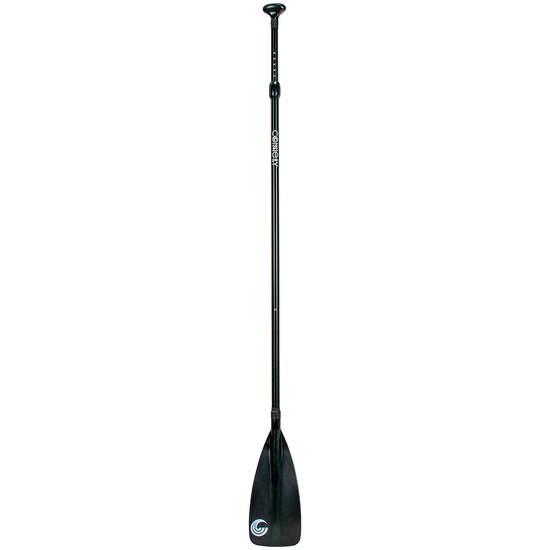 Full view of 3-piece adjustable aluminum paddle featuring black shaft, T-shaped handle, and black blade with logo.