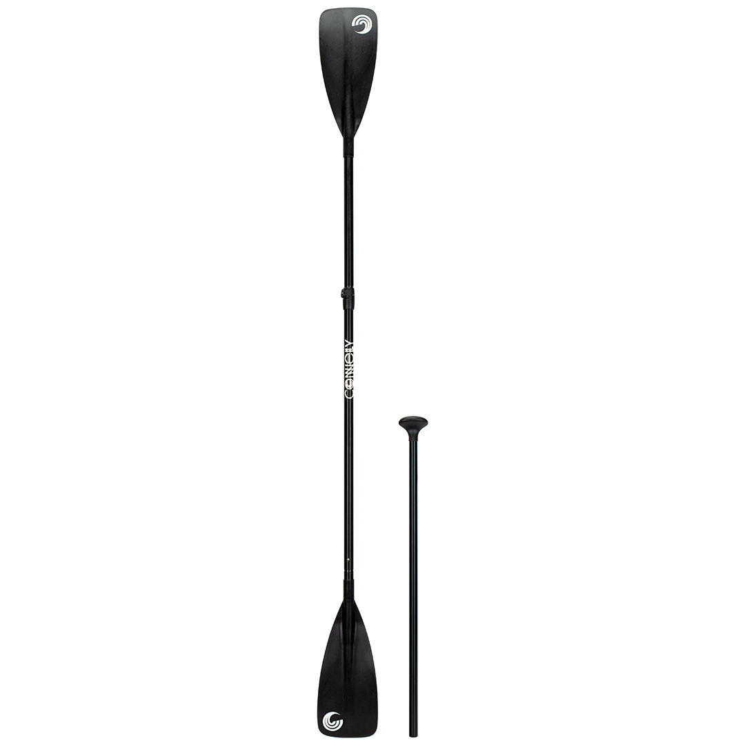 Full view of 4-piece adjustable aluminum paddle with black shaft, two blades, and interchangeable T-shaped handle.