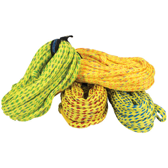 Set of 4-rider safety tube ropes in different colors, including red, blue, green, and yellow, neatly coiled.