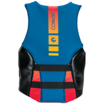 Back view of Connelly Men’s Aspect Neo CGA wake vest in blue with yellow and orange accents.