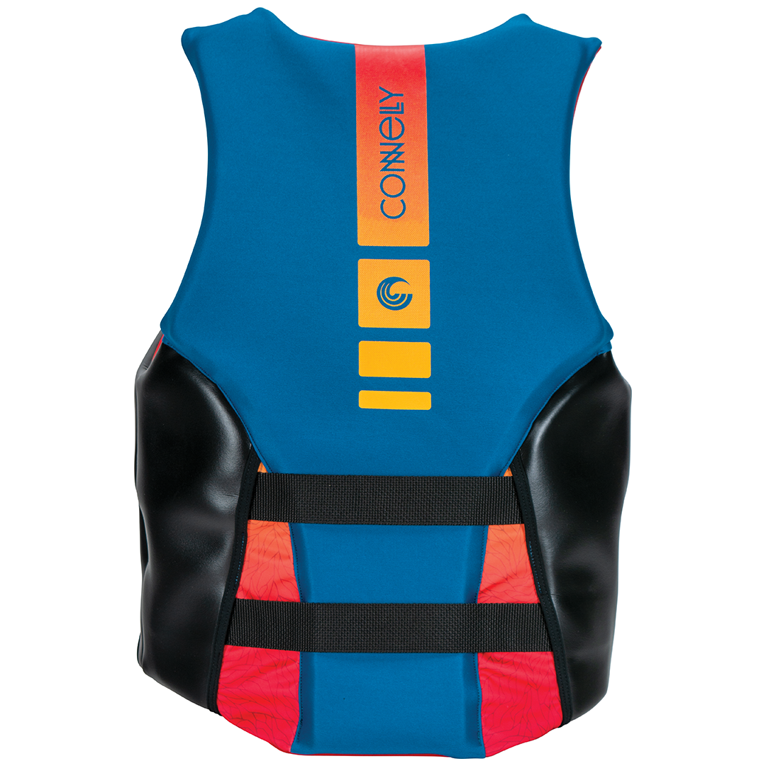 Back view of Connelly Men’s Aspect Neo CGA wake vest in blue with yellow and orange accents.
