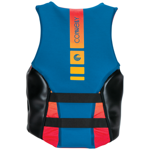 Back view of Connelly Men’s Aspect Neo CGA wake vest in blue with yellow and orange accents.