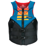 Front view of Connelly Men’s Aspect Neo CGA wake vest in blue, black, and orange with buckle straps.