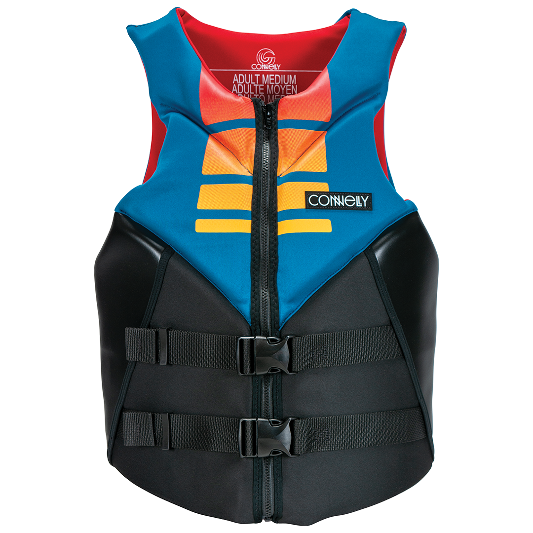 Front view of Connelly Men’s Aspect Neo CGA wake vest in blue, black, and orange with buckle straps.