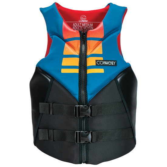Front view of Connelly Men’s Aspect Neo CGA wake vest in blue, black, and orange with buckle straps.