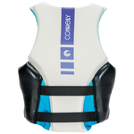Back view of the Women's Aspect Neo Vest, white and black with purple and blue accents, and two adjustable black straps.