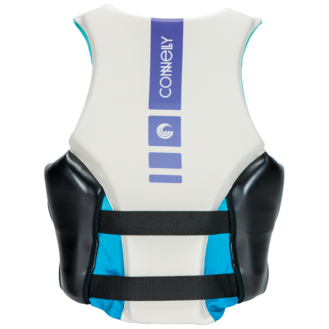 Back view of the Women's Aspect Neo Vest, white and black with purple and blue accents, and two adjustable black straps.