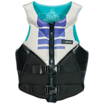 Front view of the Women's Aspect Neo Vest, white and black with purple accents, two black buckles, and a front zipper.