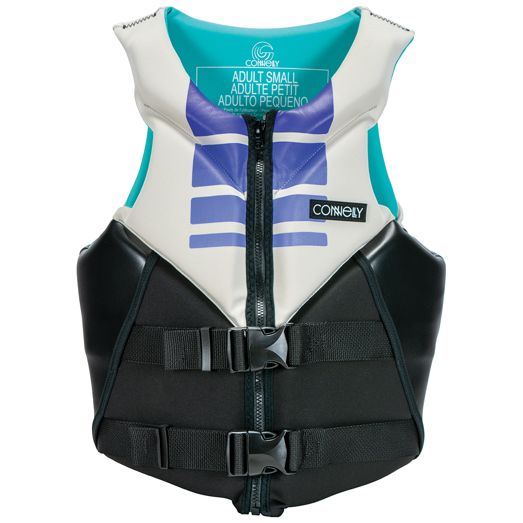 Front view of the Women's Aspect Neo Vest, white and black with purple accents, two black buckles, and a front zipper.