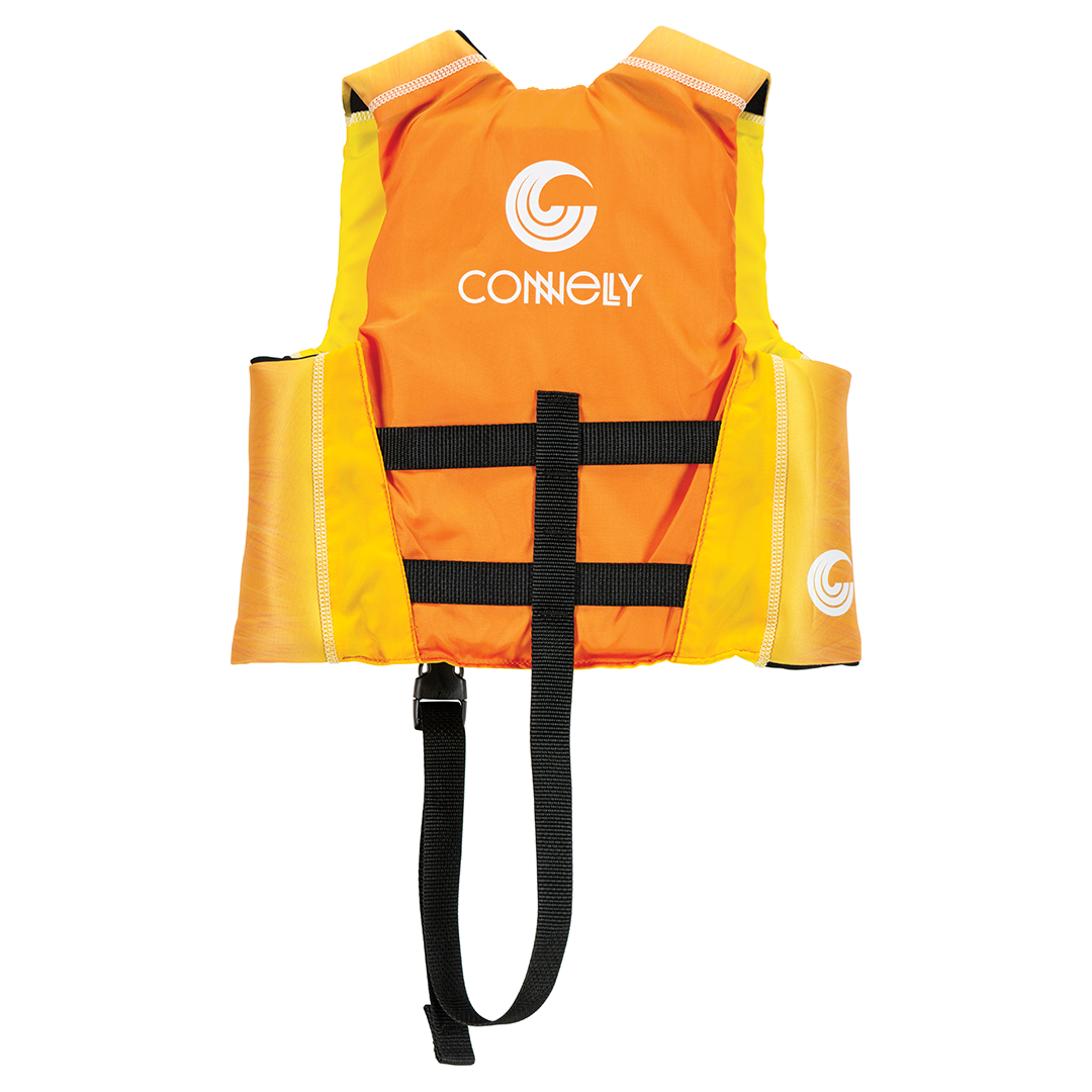 Back view of the Child Fusion Nylon life vest in orange and yellow, with a black safety strap and Connelly logo.