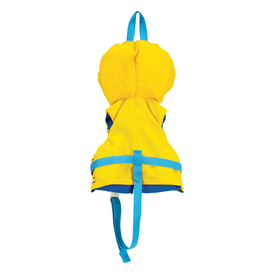 Back of the yellow and blue Infant Tunnel Nylon life vest with a headrest, blue carrying loop, and adjustable safety strap.
