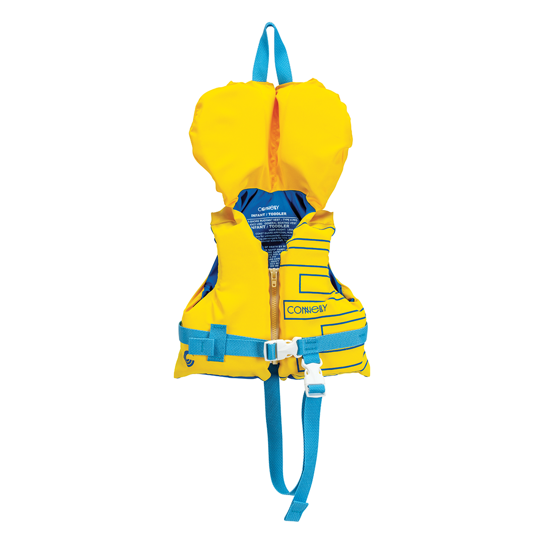 Front view of the bright yellow and blue Infant Tunnel Nylon life vest with a padded headrest, front zipper, and straps.