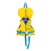 Front view of the bright yellow and blue Infant Tunnel Nylon life vest with a padded headrest, front zipper, and straps.