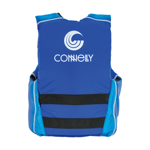 Back of blue Teen Fusion Nylon life vest with a white logo and black straps across the lower back for support.