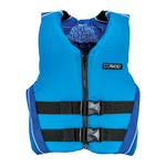 Front of blue Teen Fusion Nylon life vest with black adjustable straps, front zipper, and reinforced side panels.