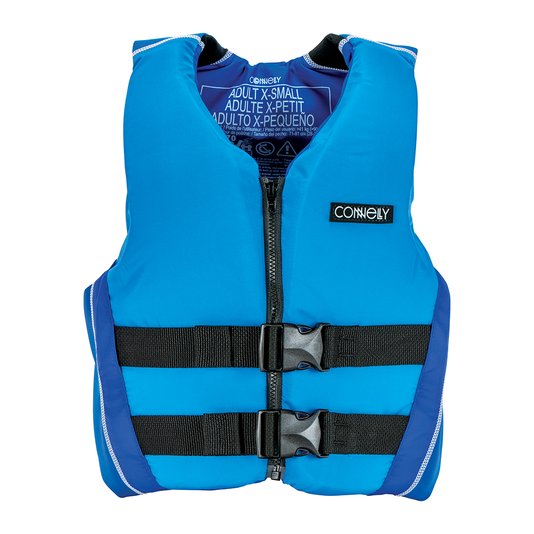 Front of blue Teen Fusion Nylon life vest with black adjustable straps, front zipper, and reinforced side panels.