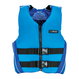 Front of blue Teen Fusion Nylon life vest with black adjustable straps, front zipper, and reinforced side panels.