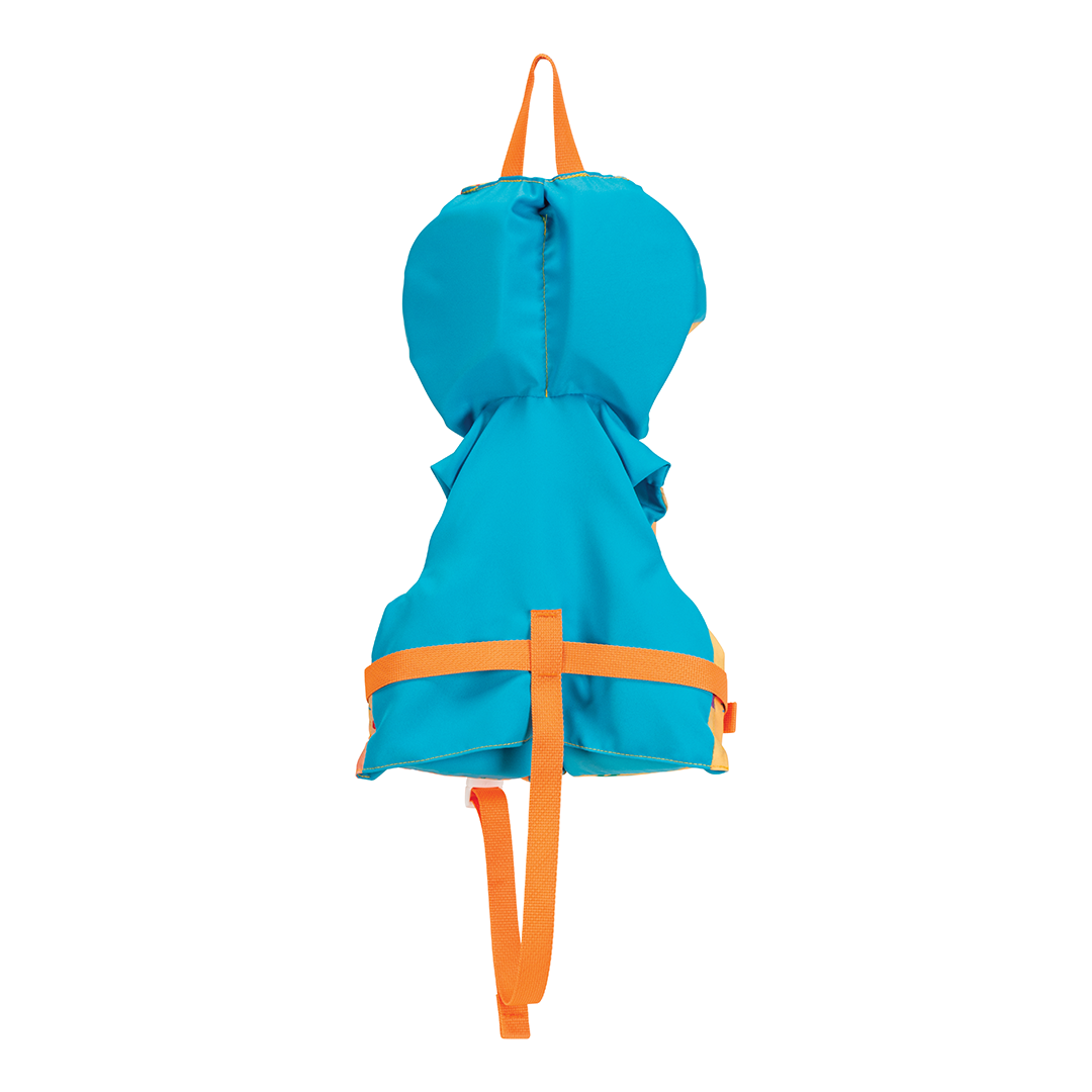 Back view of the Infant Premium Nylon life vest in solid blue with orange straps and a safety buckle.